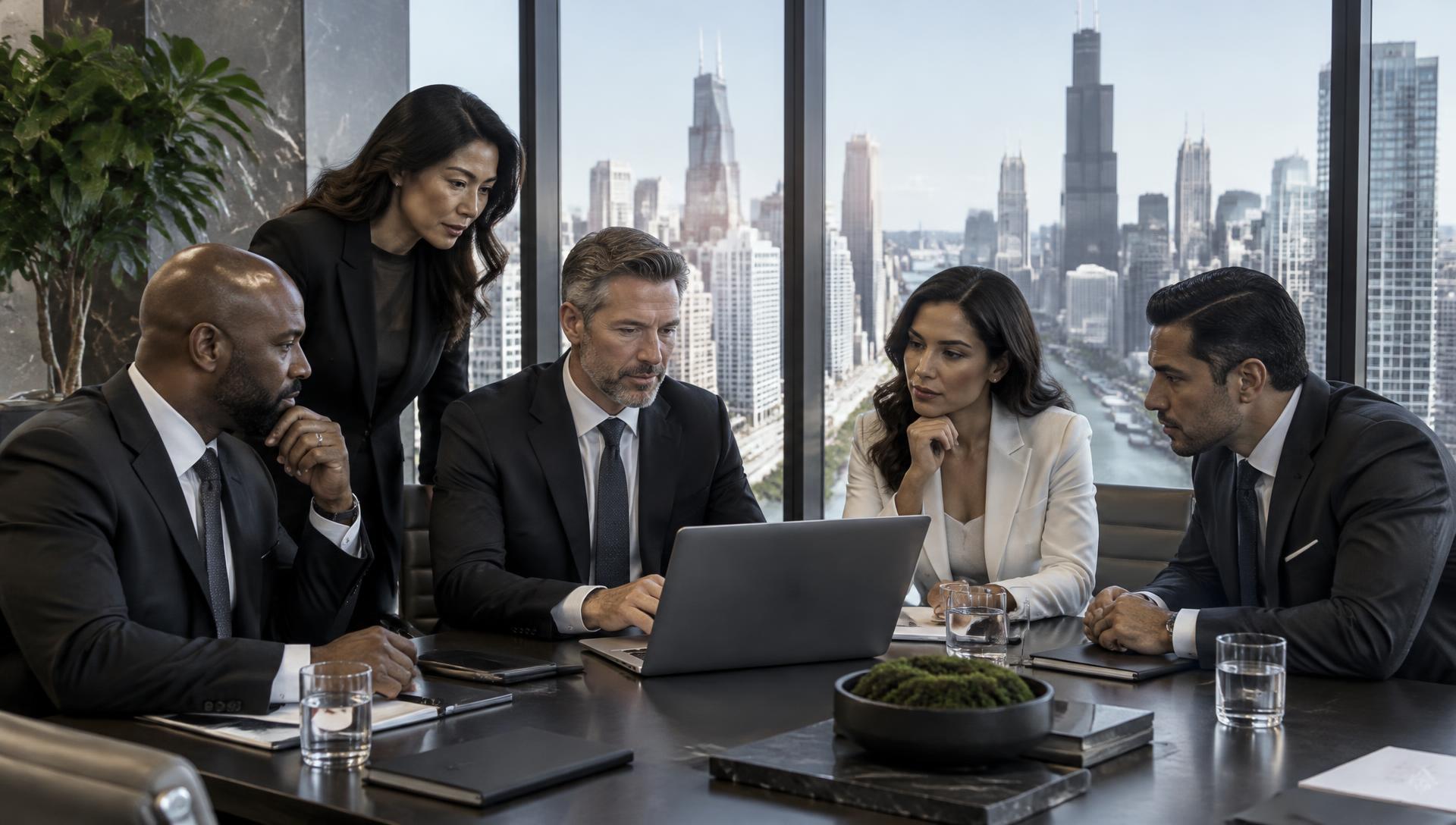Diverse consulting team collaborating in a Chicago office